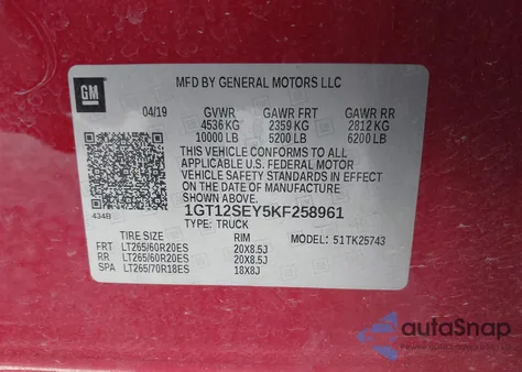 2019 GMC Sierra 2500Hd Denali z USA, uszkodzony, nr VIN 1GT12SEY5KF258961